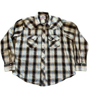 Vtg Wrangler Brown Blue Gold Metallic Plaid Western Shirt Large Pearl Snap‎